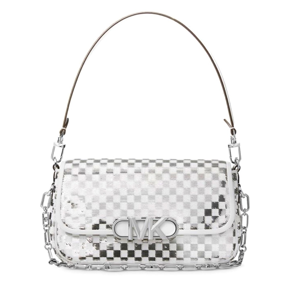 Michael Kors PARKER Medium Sequin Pouchette White/Silver Shoulder Bag - NWOT